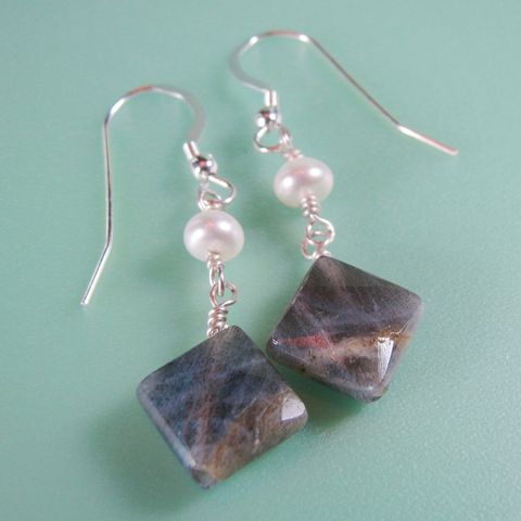 Labradorite,&,Pearl,Earrings, Labradorite, Sterling, Sterling Silver, Silver, Pierced, Pearl, Handcrafted,Gray