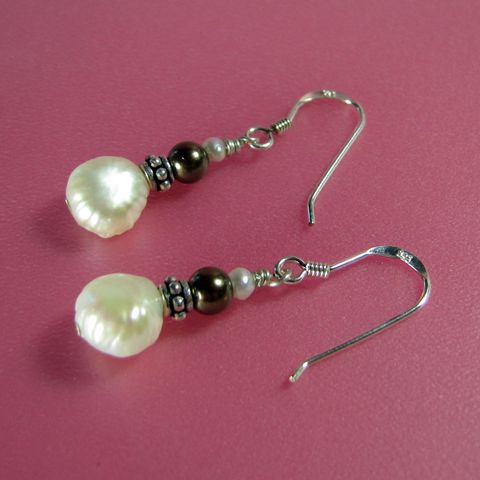 White,&,Brown,Pearl,Earrings, Sterling, Silver, Sterling Silver, Handcrafted, Pearl, White, Brown, Pierced