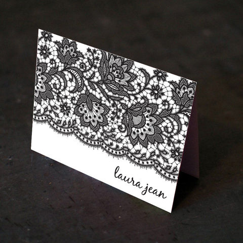 Black,Lace,Personalized,Stationery,-,Choose,Your,Paper,Color!, blank, elegant, a2, 4.25 x 5.5, The Artisan Group, card, foldover notecard, personalized, name, monogram, custom, lace, black, white, pearl paper, shimmer paper, Chartreuse, silver, gold, gravel, khaki, lake, lilac, light blue, pool