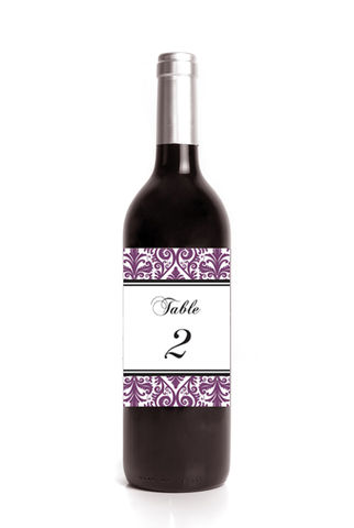 Damask,Table,Number,Wine,Label,Stickers,Weddings, Sticker, Party, celebration, initial, monogram, personalization, pattern, bold, classy, modern, damask, black, purple, grey, choose your color, wine label, elegant, 3.25 x 4