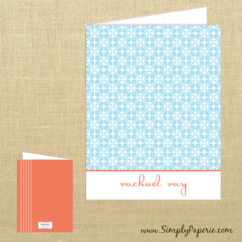 Light,Blue,Retro,Personalized,Notecards,light blue, tangerine tango, retro, circle pattern, Rachael Ray, celebrity gifting, chef, cook, Paper Goods, Cards, tangerine, orange, coral, foldover card, greeting card, stationery, notecard, custom, monogram, personalized, note, name, thank you