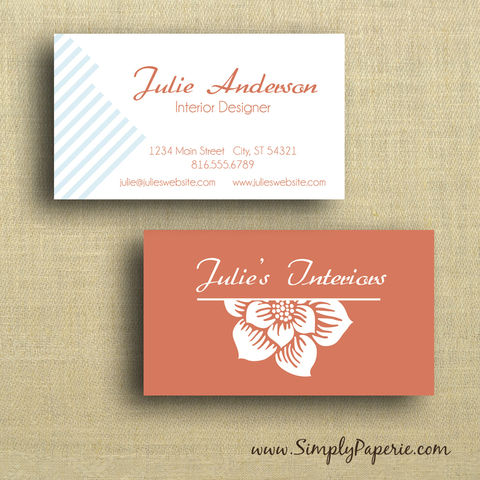 Flower,and,Stripes,Business,Cards,Paper Goods, business card, calling card, elegant, vintage, tangerine, orange, coral, light blue, custom, personalized, name, modern, The Artisan Group, diagonal line stripe