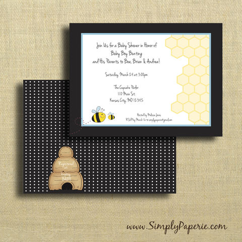 Baby,Bee,Shower,Invitations,Birthday Party Invitation, Invitation, baby, baby shower, shower invitation, bee, bumble bee, baby bee, bee hive, honeycomb, polka dots, black and white, party invitation, little man, boy, flat card, pattern