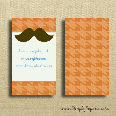 Little,Man,Party,Invitations,Inserts,Birthday Party Invitation, Info card, Weddings, Invitation, baby, baby shower, shower invitation, party invitation, little man, boy, houndstooth, mustache, orange, green, flat card, pattern, classy, modern