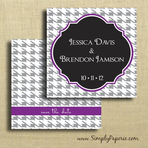 Houndstooth,Save,the,Date,Cards,Weddings, Invitation, Save the Date, wedding invitation, wedding stationery, flat card, square, pattern, bold, classy, modern, houndstooth, black, purple, green, grey, choose your color, color pop
