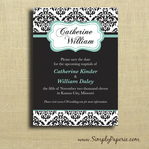 Damask,Save,the,Date,Cards,Weddings, Invitation, Save the Date, wedding invitation, wedding stationery, flat card, modern, damask, elegant, formal, black, teal, black tie, classy, dramatic