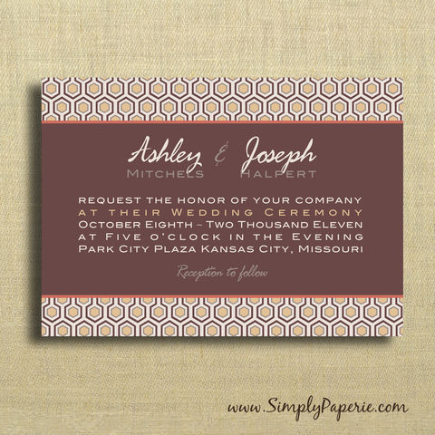 Mod,Wedding,Invitations,Weddings, Invitation, rsvp, script, wedding invitation, wedding stationery, modern, geometric, brown, tan, neutral, orange, fall colors, hix hex, hexagon, honeycomb