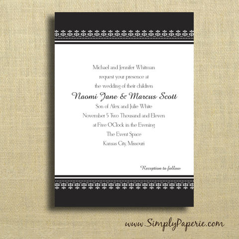 Black,and,White,Classic,Wedding,Invitations,Wedding Invitation, rsvp, damask, classy, classic, band, swirl, elegant, formal, black, white, custom, personalized, announcement