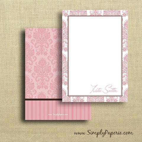 Pink,Damask,Personalized,Notecards,Trista Sutter, The Bachelorette, pink, personalized, damask, chocolate brown, girl, femenine, woman, female, stripes, notecard, flat card, 5x7, a7