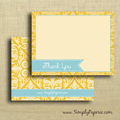 Teal,and,Gold,Thank,You,Cards,-,Featured,in,2012,Golden,Globes,Celebrity,Gift,Lounge,Paper Goods, Cards, Thank You, notecard, note, card, flat, announcement, thank you, The Artisan Group, gold, teal, damask, elegant, bright, tangerine, orange, yellow, turquoise, Golden Globes, celebrity, gift lounge, swag bag