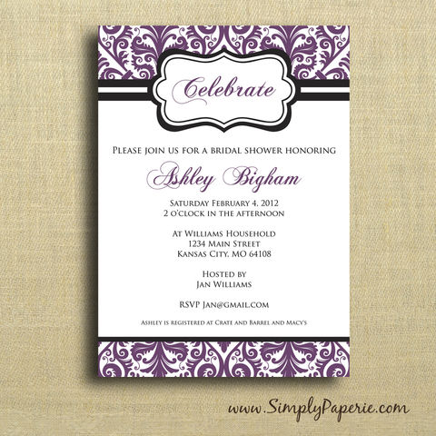 Damask,Shower,Invitation,Paper Goods, Cards, Invitation, purple, damask, elegant, classy, classic, black, shower, party, custom, bride, wedding, baby, personalized, The Artisan Group, plum, aubergine
