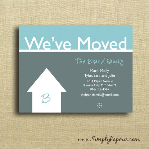 We've,Moved,Cards,we've moved, moving announcement, address update, card, notecard, family, location, house, monogram, initial, grey, teal, aqua, custom, white, modern