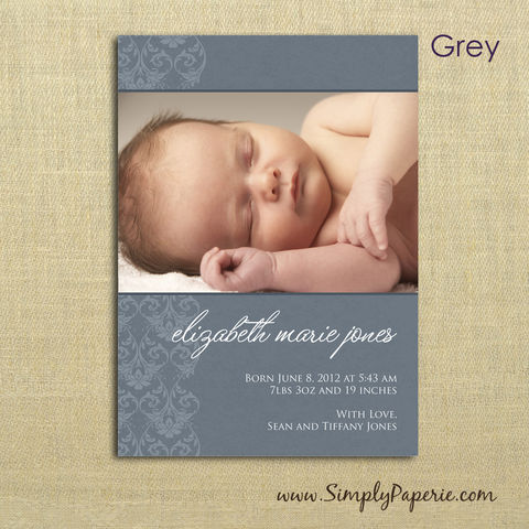 Damask,Birth,Announcements,baby, birth announcement, photo card, photograph, baby picture, custom, personalized, announcement, 5 x 7, damask, newborn