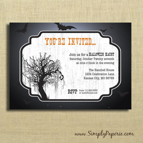 Spooky,Night,Halloween,Party,Invitations, party, invitation, paper goods, spooky, black, orange, celebration, night, bats, tree, haunt, fright fest, goth, gothic, spiderweb, scarey, dark, festive, moon, moonlight