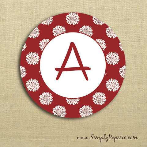 Red,Floral,Gift,Tag,Stickers,Gift Tag, label, Sticker, to, from, red, holiday, white, scarlet, floral, flower, custom, monogram,family, name, crimson, alpha chi omega, 2 sticker, round, circle