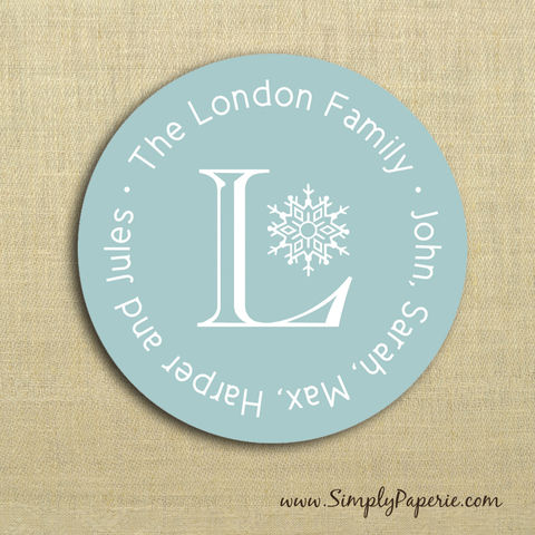 First,Frost,Gift,Tag,Stickers,Gift Tag, label, Sticker, to, from, aqua, blue, teal, holiday, white, snowflake, custom, monogram,family, name, mail, envelope closure, 2 sticker, round, circle