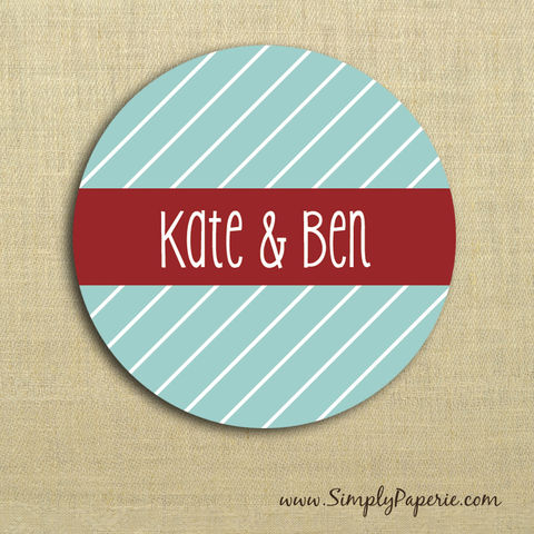 Holiday,Stripes,Gift,Tag,Stickers,Gift Tag, label, Sticker, to, from, aqua, blue, teal, holiday, white, red, scarlet, crimson, stripe, diagonal, custom, monogram,family, name, mail, envelope closure, 2 sticker, round, circle