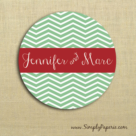 Holiday,Chevron,Gift,Tag,Stickers,Gift Tag, label, Sticker, to, from, red, crimson, green, chevron, script, calligraphy, trendy, modern, fun, holiday, white, custom, monogram, family, name, mail, envelope closure, 2 sticker, round, alpha chi omega, circle