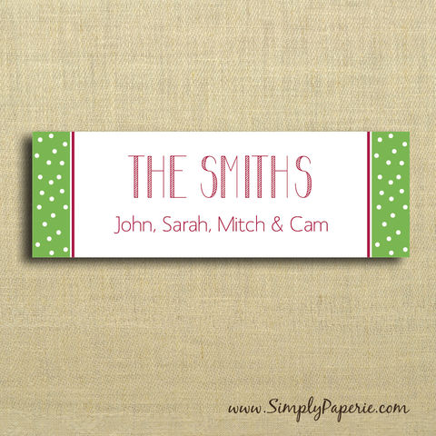 Holiday,Polkadot,Gift,Tag,Stickers,Gift Tag, label, Sticker, to, from, red, crimson, green, chevron, candy cane, child, children, kid, from Santa, snowflake, polkadot, modern, fun, holiday, white, custom, monogram, family, name, mail, envelope closure, 3 x 1 sticker, rectangle