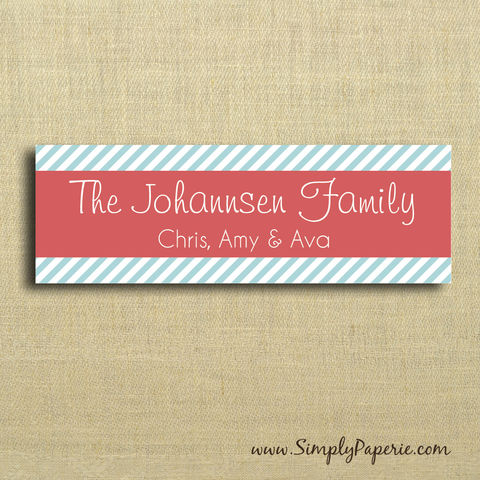Modern,Striped,Gift,Tag,Stickers,Gift Tag, label, Sticker, to, from, red, pink, coral, aqua, teal, stripe, diagonal, from Santa, snowflake, banner, modern, holiday, white, custom, monogram, family, name, mail, envelope closure, 3 x 1 sticker, rectangle
