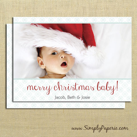 Merry,Christmas,Baby,Photo,Cards,christmas, holiday, card, baby, family, photo, flower, mint green, green, red, merry christmas baby, cute, child, children, modern, trendy, 5 x 7
