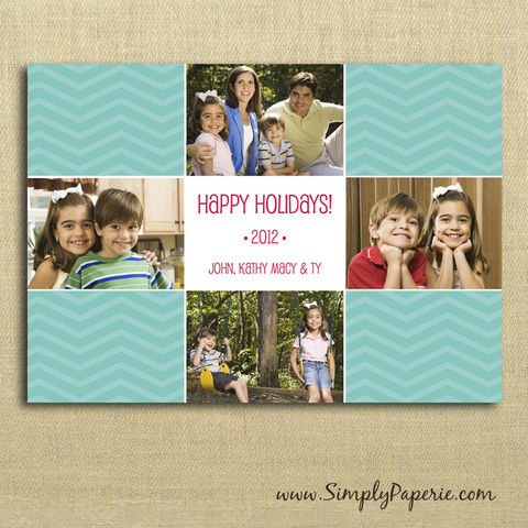 Family,Collage,Photo,Card,(4,Images),christmas, holiday, card, red, child, children, family, photo, collage, chevron, aqua, teal, green, family photo, picture collage, baby, modern, trendy, 5 x 7