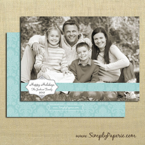 Elegant,Damask,Photo,Card,christmas, holiday, card, child, children, family, photo, damask, elegant, aqua, teal, baby, modern, trendy, 5 x 7