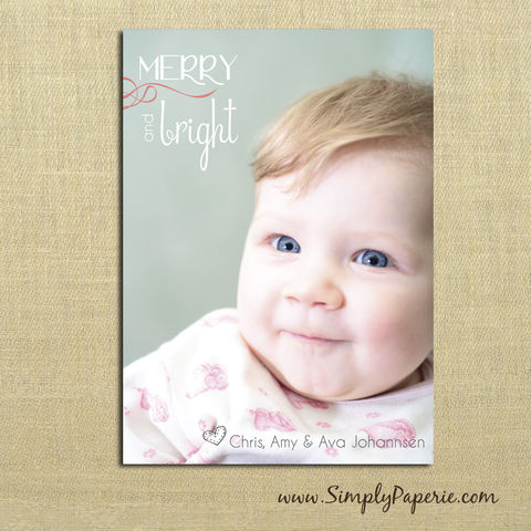 Merry,and,Bright,Photo,Card,christmas, holiday, card, child, children, family, photo, sweet, merry and bright, swirl, baby, modern, trendy, 5 x 7
