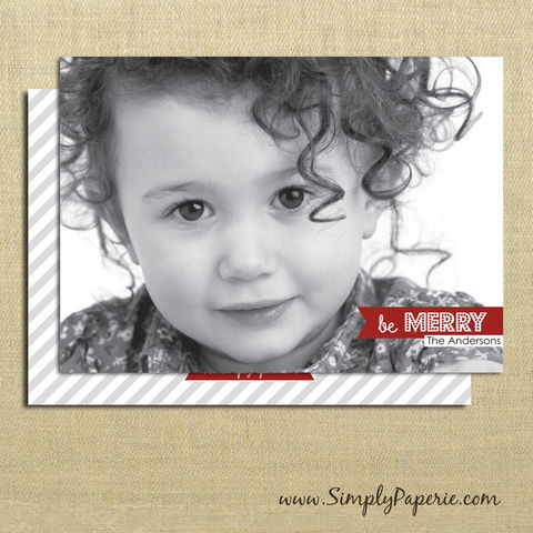 Be,Merry,Photo,Card,christmas, holiday, card, be merry, grey, red, child, children, family, photo, stripe, diagonal, polka dots, silver, baby, modern, trendy, 5 x 7
