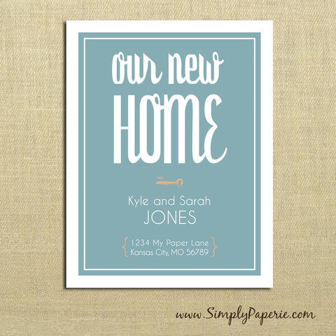 Our,New,Home,Moving,Announcements,moving announcement, address update, our new home, card, notecard, family, location, house, skeleton key, old key, orange, tangerine, teal, aqua, custom, typography, modern