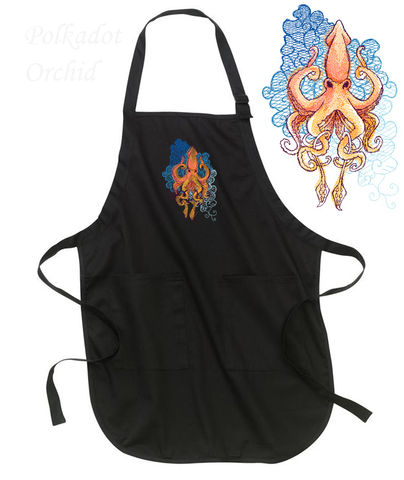 Embroidered,Squid,Apron,in,Nautical,Style,embroidered, apron, squid, nautical, kitchen