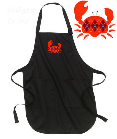 Argyle,Crab,Embroidered,Apron,crab, embroidered, apron, nautical, kitchen, crustacean, shellfish, red