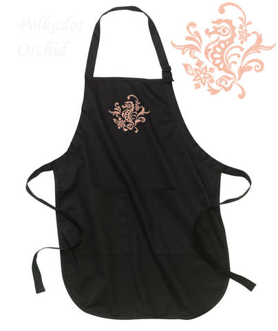Embroidered,Seahorse,Apron,with,Damask,Ocean,Scene,seahorse, embroidered, apron, nautical, fish, peach, black
