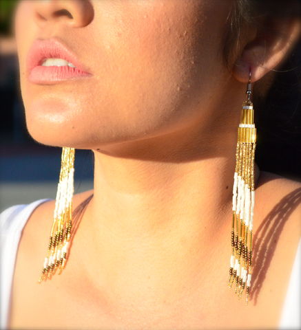 Simply,White,Jewelry,Earrings,Beaded,shoulder dusters,hipster,yellow long, glass, earrings,jewelry,1970_jewelry, yellow jewelry,peyote,long, gold,earrings,bead weaving,surgical steel