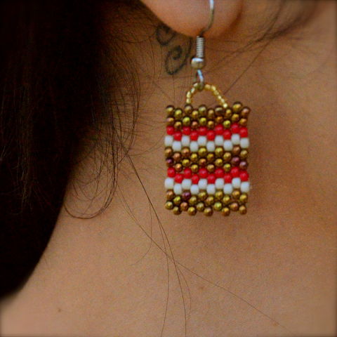 Red,Bronze,Zepra,handmade, bronze red stripes, bronze stripes, peyote, beaded, red geometric earrings, bronze jewelry, beaded earrings, boho, geometric fashion, modern, hotgirlsbead, beaded jewelry, artisan jewelry