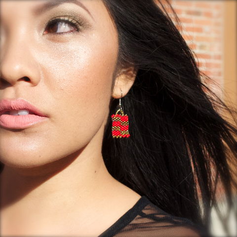Red,Brick,handmade, red brick, bronze checkers, peyote, beaded, checkered earrings, bronze jewelry, beaded earrings, boho, geometric fashion, modern, hotgirlsbead, beaded jewelry, artisan jewelry, bricks