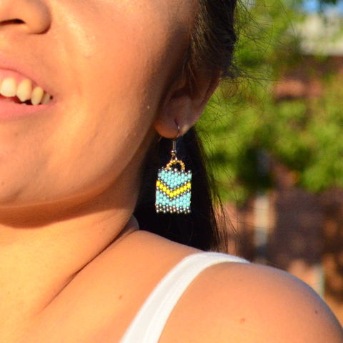 Ocean,View,Chevron,handmade, square earrings, peyote, beaded, yellow chevron, earrings, chevron jewelry, beaded earrings, boho, geometric fashion, modern, hotgirlsbead, beaded jewelry, artisan jewelry, chic