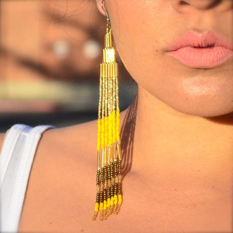 Yellow,Woodstock,Jewelry,Earrings,Beaded,shoulder dusters,hipster,yellow long, glass, earrings,jewelry,1970_jewelry, yellow jewelry,peyote,long, gold,earrings,bead weaving,surgical steel