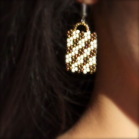 Butter,Pecan,handmade, charm, peyote, beaded, checkered earrings, bronze jewelry, beaded earrings, boho, geometric fashion, modern, hotgirlsbead, beaded jewelry, artisan jewelry, chic
