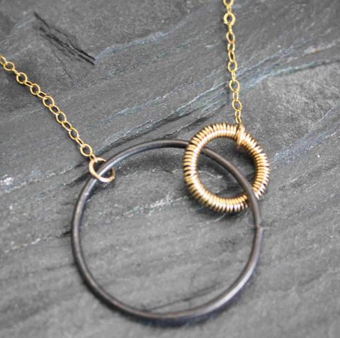 Dark,moon,oxidized,sterling,silver,necklace,with,14k,gold,filled,wire,Gold, moon, entangled, mixed metals, circles, villain accessories, Silver jewelry, silversmithing, sterling jewelry,sterling silver, handmade