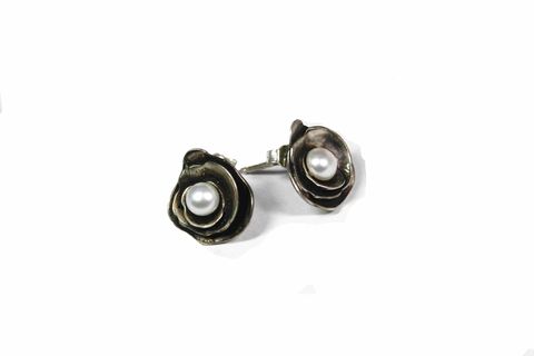 Trinity,Rose,pearl,earrings,flowers, silver earrings, sterling silver earrings, silversmith, jewelry artists,posts, studs, pearls, fresh, metalsmithed, villain, accessories rose, floral, flowers, valentines