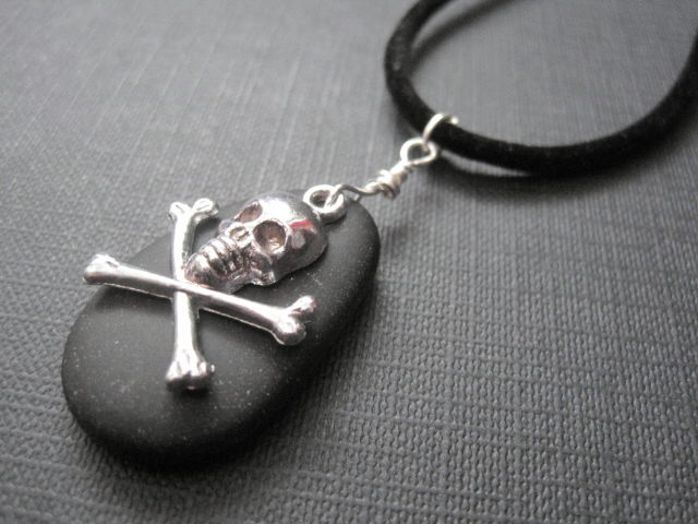 Crossbones Black Sea Glass Cord Pirate Necklace