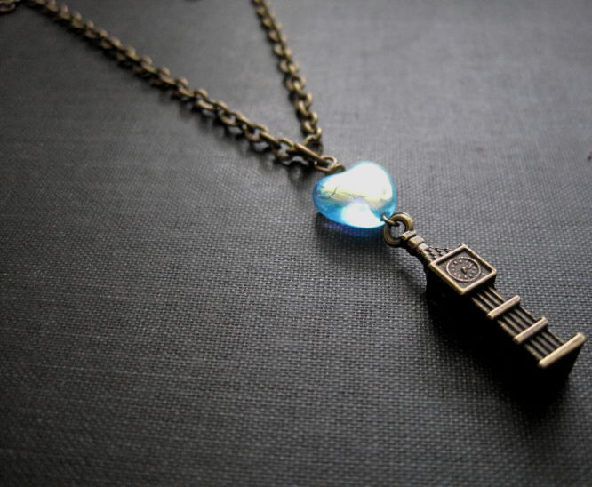 Big Ben Clock Tower Blue Heart Necklace, Elizabeth Tower Necklace
