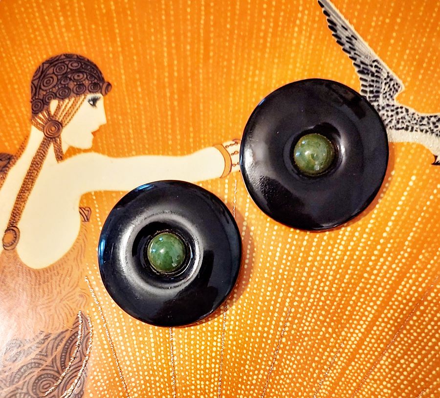 2 1930s vintage black bakelite and green center big buttons