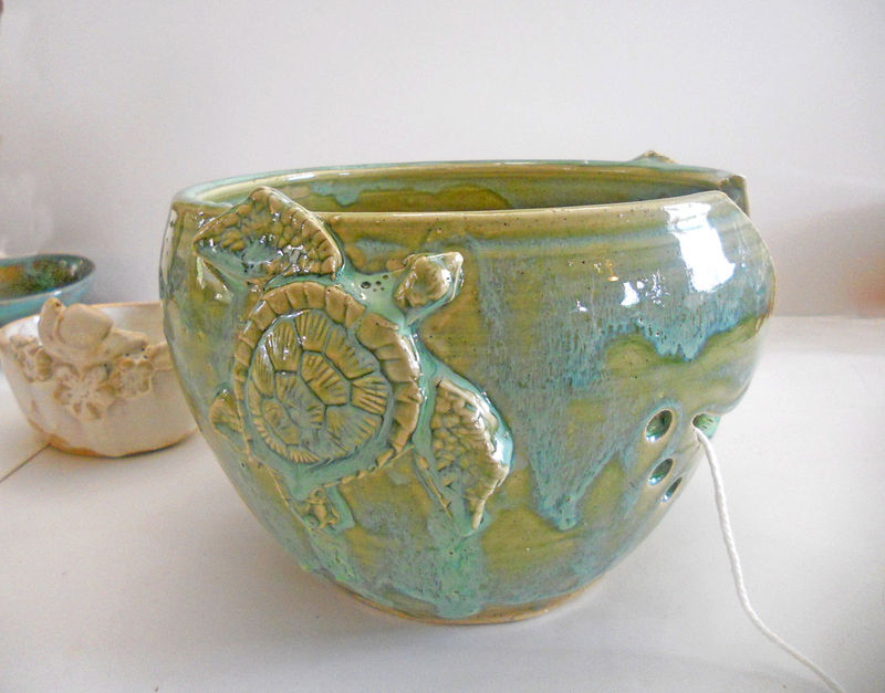 Sea Turtle Yarn Bowl LARGE Double Bowl Island Girl Pottery