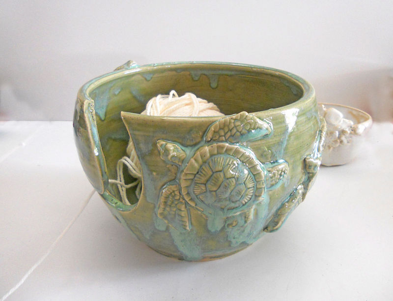 Sea Turtle Yarn Bowl LARGE Double Bowl Island Girl Pottery