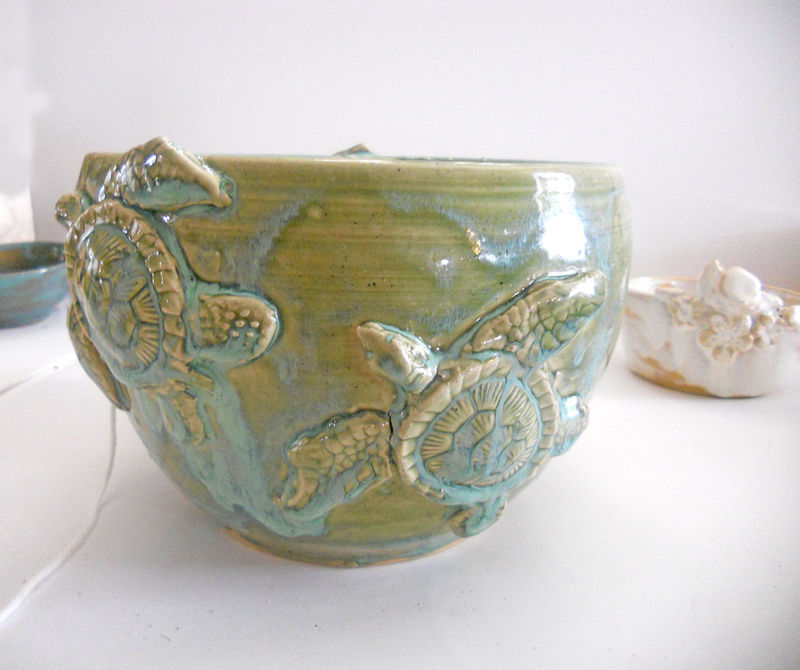Sea Turtle Yarn Bowl LARGE Double Bowl Island Girl Pottery