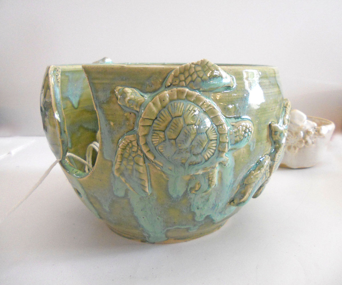 Sea Turtle Yarn Bowl LARGE Double Bowl Island Girl Pottery
