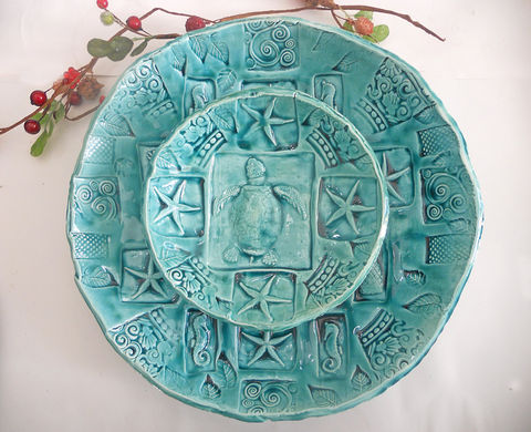 Sea,Turtle,Serving,Bowls,Nesting,Chip,and,Dip,Island,Wedding,Turquoise,Aqua,Teal,12,7,with,feet,nesting bowls, ceramic sea turtle bowl, sea turtle bowl, rustic bowl, lace bowl, handmade dinnerware, handmade pottery