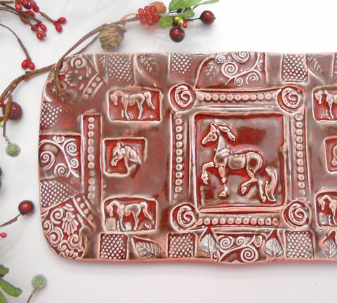 Horse,Platter,Handmade,Dinnerware,Large,wedding,equestrian,horse,table,setting,ruby,red,horse pottery, horse platter, horse tray, equestrian